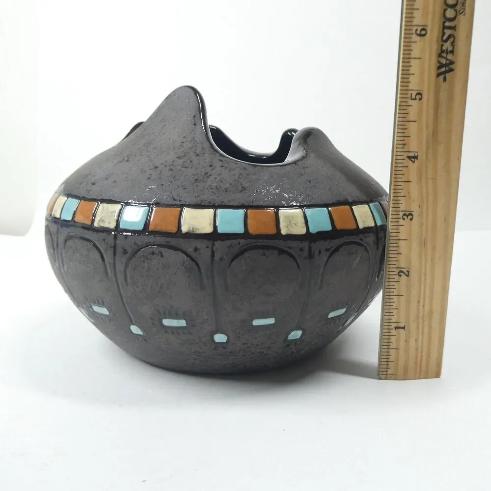Black Ceramic Bowl Pot w/Blue Squares Geometric Signed Vtg MCM Blackware Native?